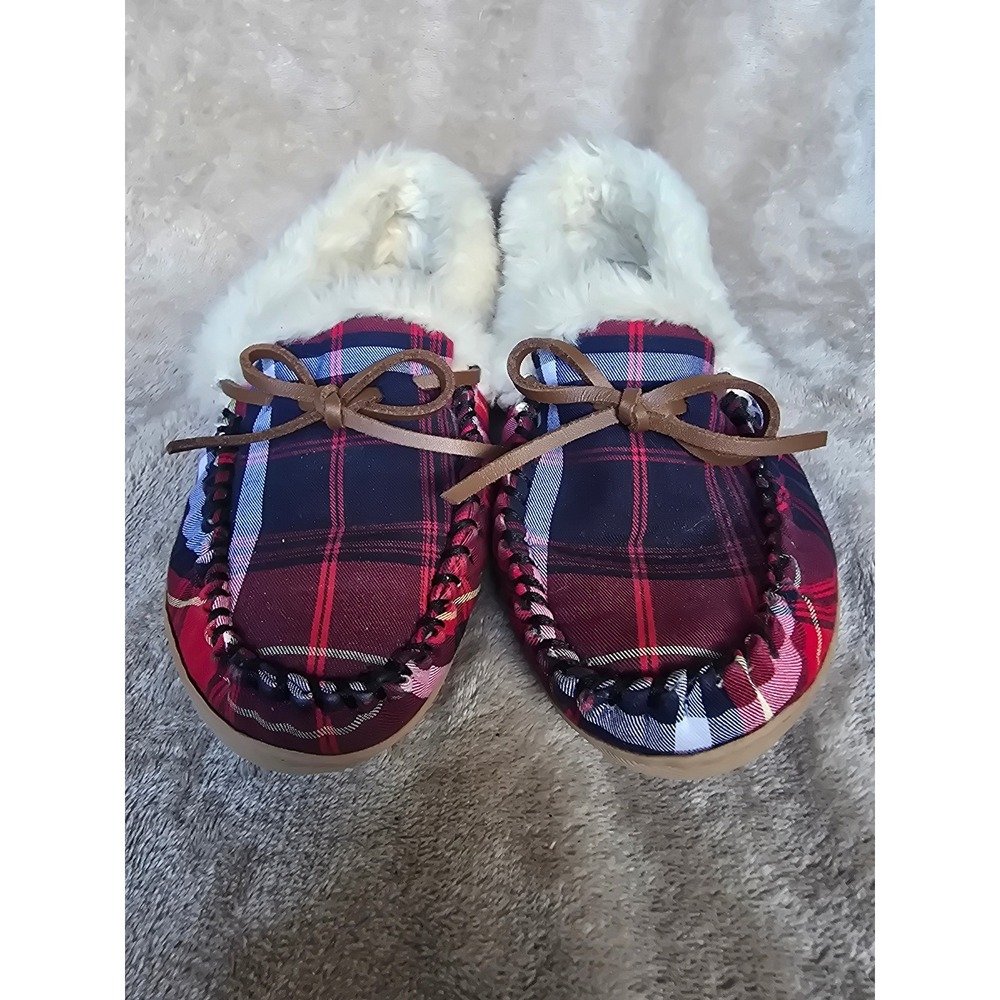 J.Crew Womens Red Plaid Faux Fur Lined Moccasin Slippers Size 7 Holiday Cozy